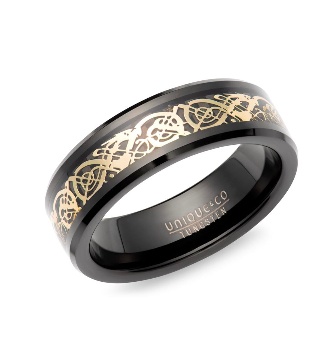 Tungsten 7mm Black Carbon Fibre with Black & Gold IP Plating Wedding Ring (TUR 190)