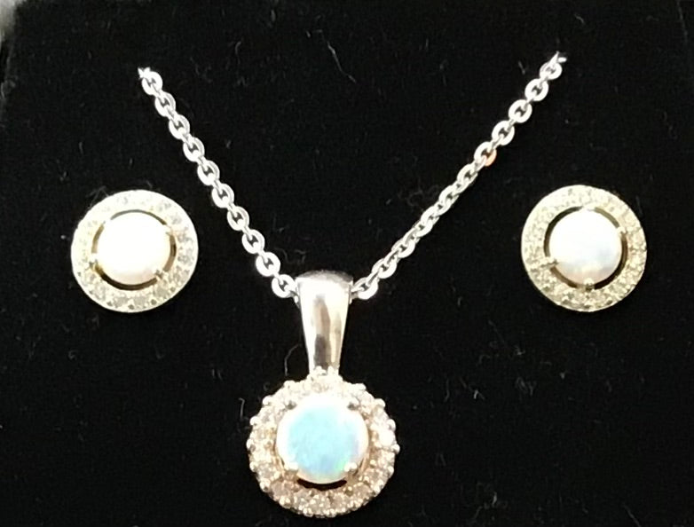 Silver Cubic Zirconia Opal Pendant, chain & Stud Earrings