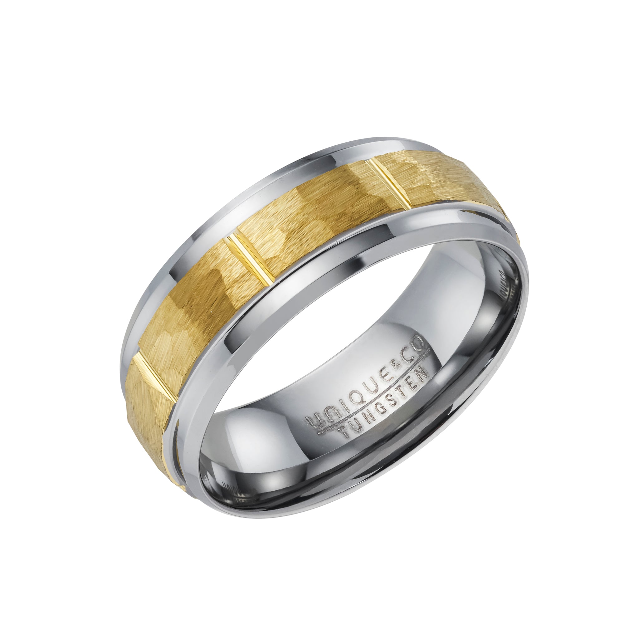 Tungsten 7mm Gold IP Hammered Plating Inlay Gents Wedding Ring (Tur226)