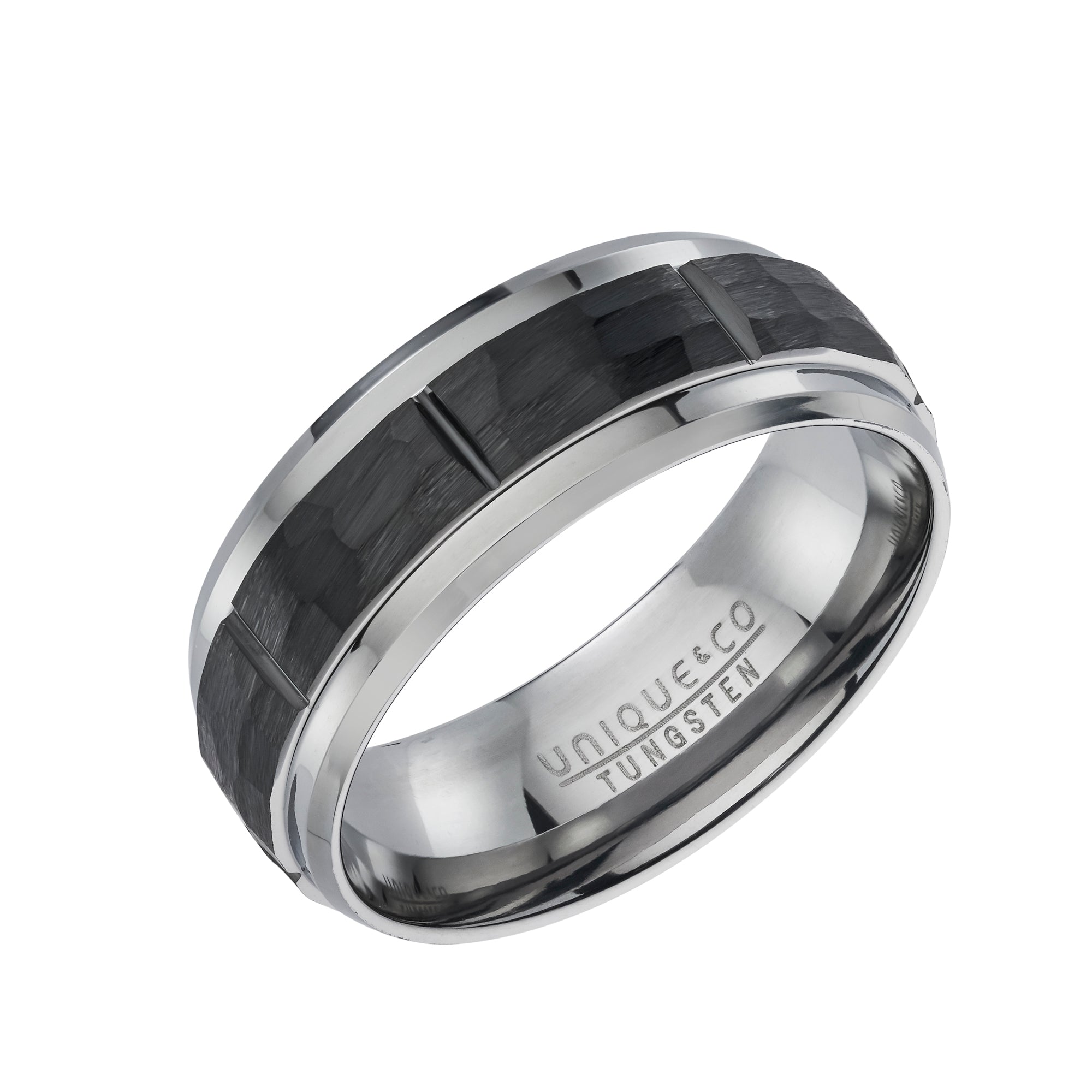 Tungsten 7mm Black IP Plating Hammered Inlay Gents Wedding Ring (Tur 225)