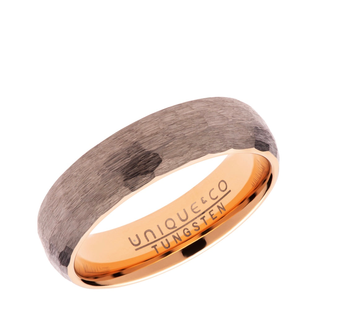 Tungsten 6mm Hammered Finish with Rose & Brown IP Plating Wedding Ring (TUR 110)