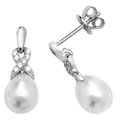 Silver Cubic Zirconia & Pearl Rhodium Plated Drop Earrings (G51175)