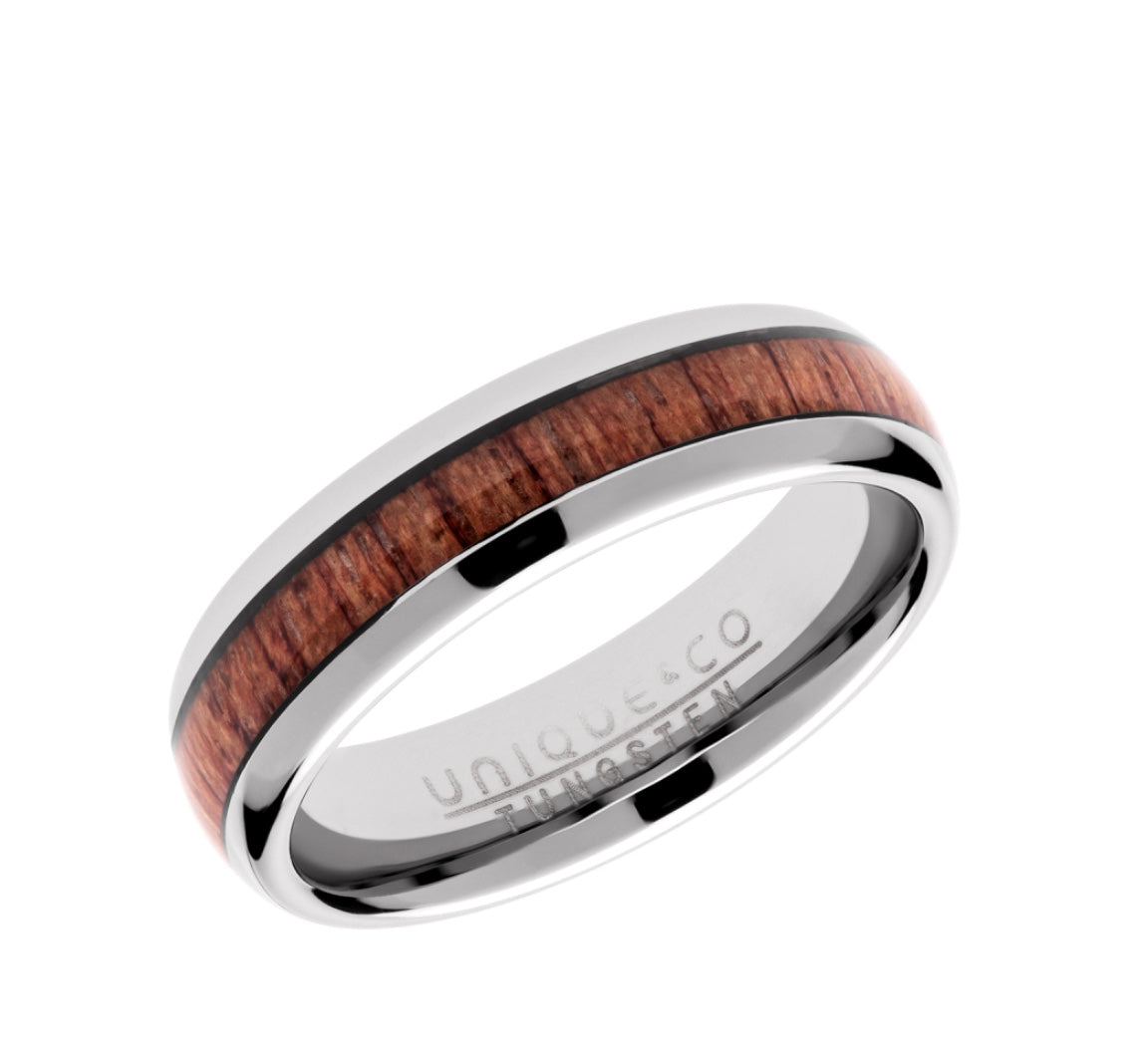 Tungsten 6mm Wood Inlay Silver IP Plating Wedding Ring (TUR 103)