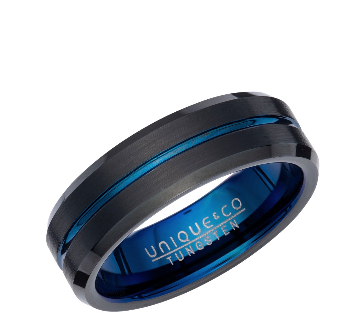 Tungsten 7mm Black & Blue IP Plating Wedding Ring (TUR 132)