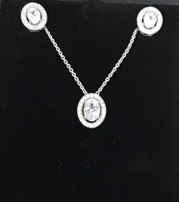 Silver Cubic Zirconia Pendant, Chain & Stud Earrings