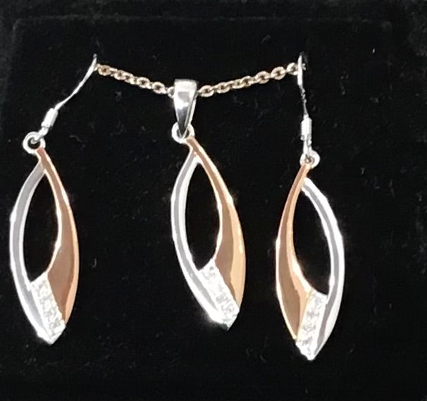 Silver & Rose Gold Plated Cubic Zirconia Pendant, Chain & Earrings