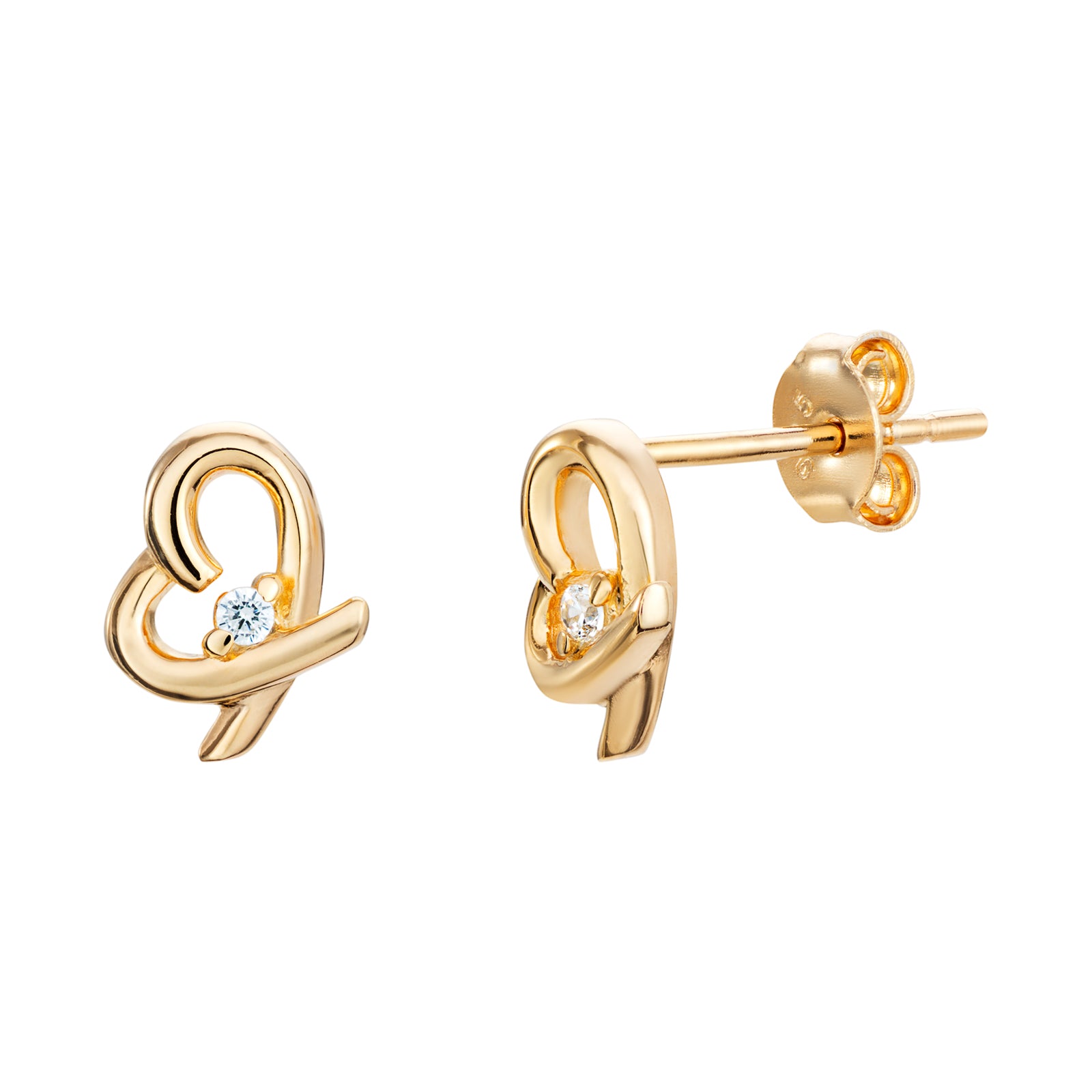 Silver Gold Plated Cubic Zirconia Heart Stud Earrings (Se046d)