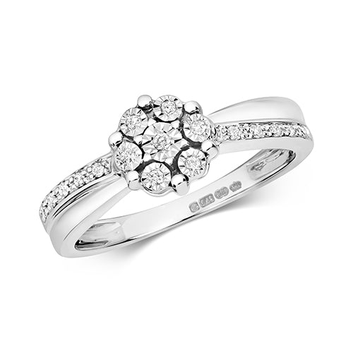 9ct White Gold Diamond Cluster Ring (Rd597)