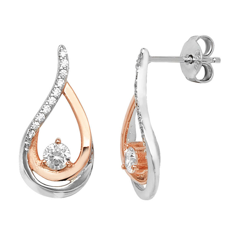 Silver & Rose Gold Plated Cubic Zirconia Stud Earrings (Se704c)