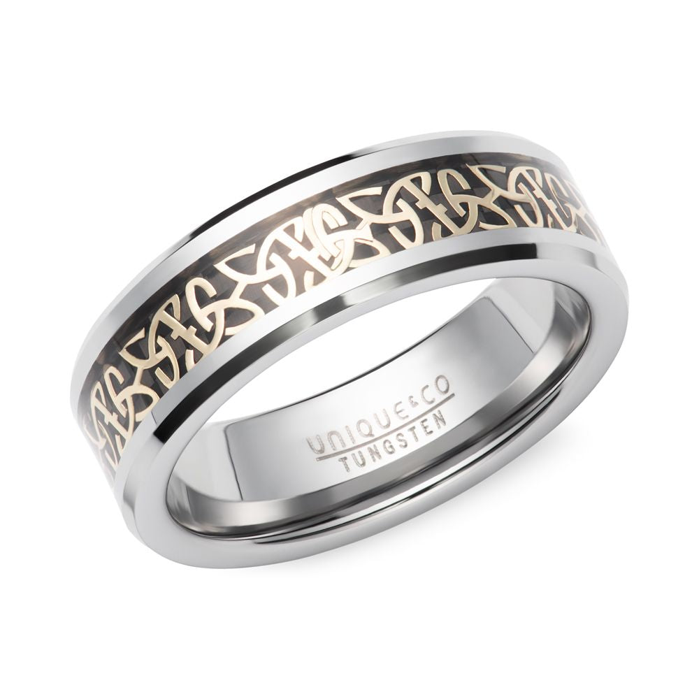 Tungsten 6mm Gold IP Plating Celtic Inlay Gents Wedding Ring (Tur 188)