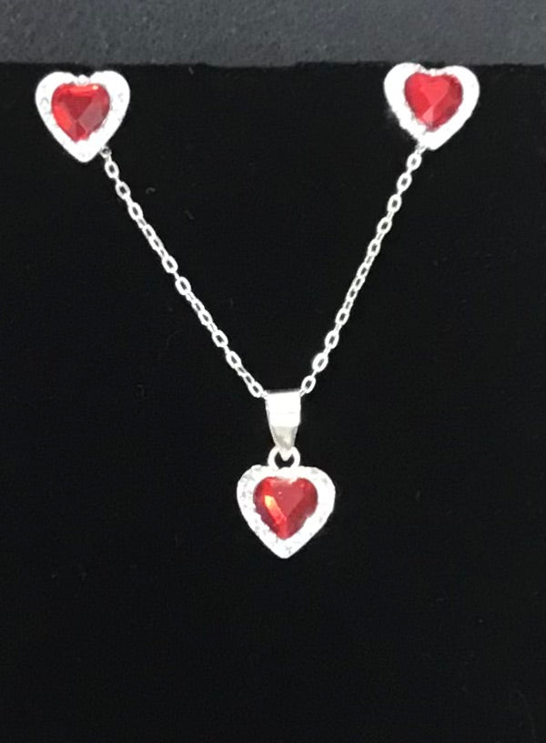 Silver Heart Pendant, Chain & Stud Earrings