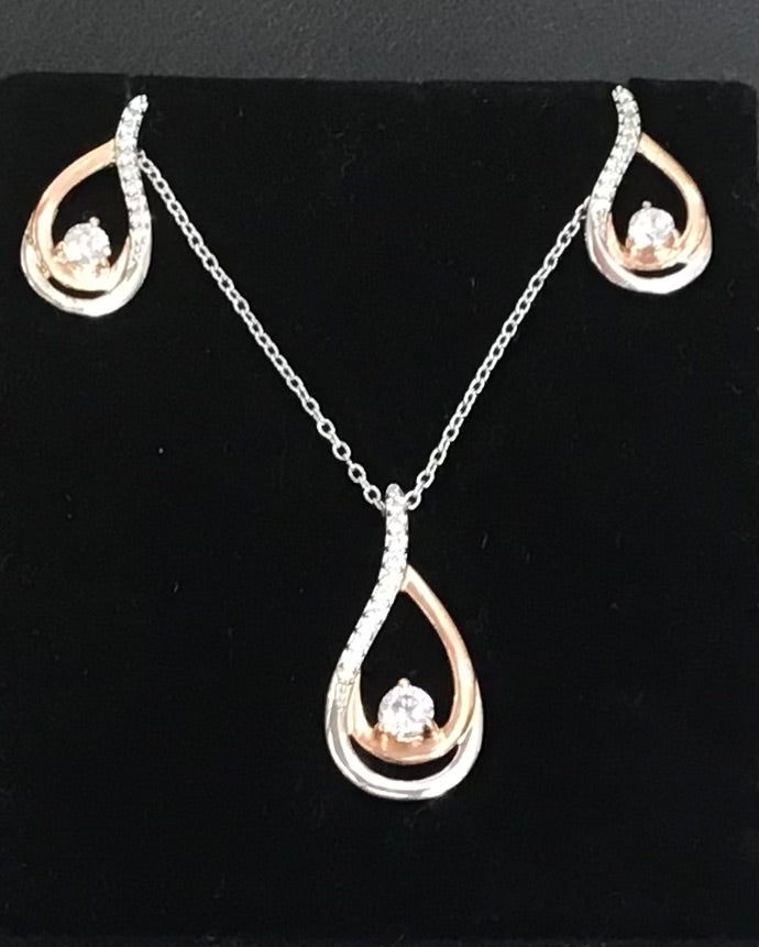 Silver Rose Gold Plated Cubic Zirconia Pendant, Chain & Stud Earrings
