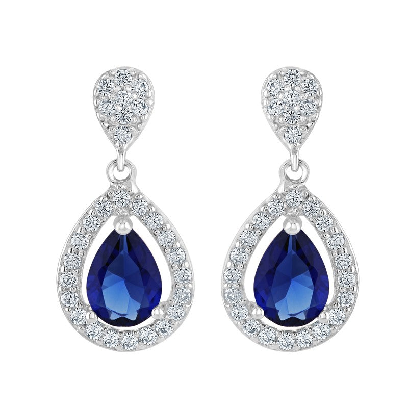 Silver Cubic Zirconia & Sapphire Teardrop Stud Earrings (Se190c)