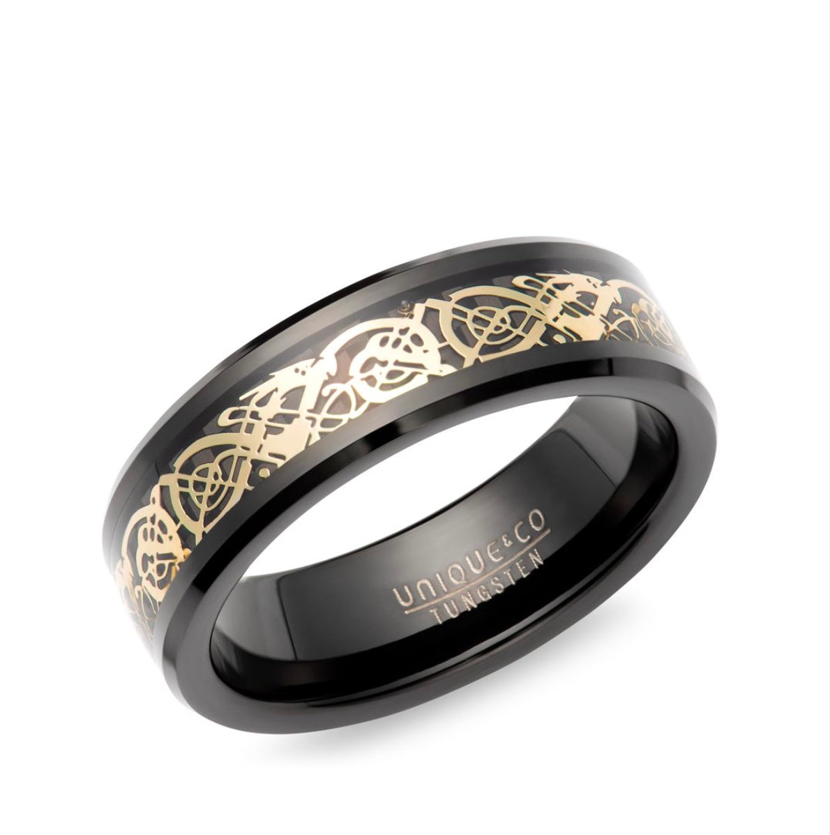 Tungsten 7mm Black Carbon Fibre with Gold IP Plating Wedding Ring (TUR 171)