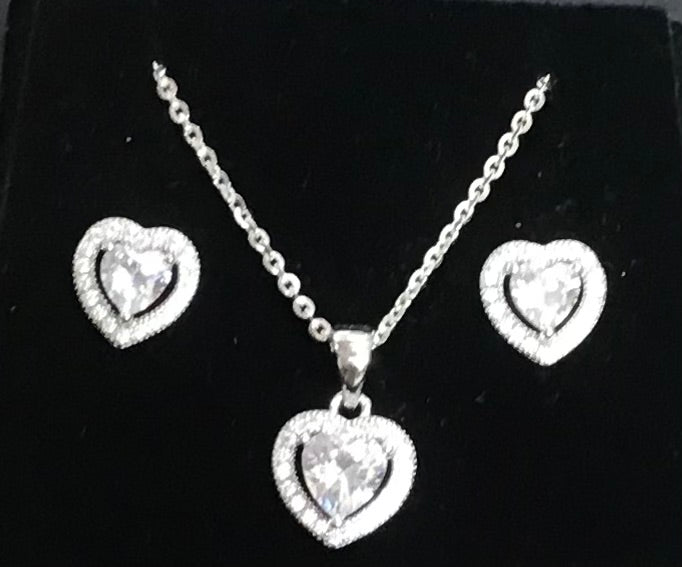 Silver Cubic Zirconia Heart Pendant, Chain & Stud Earrings