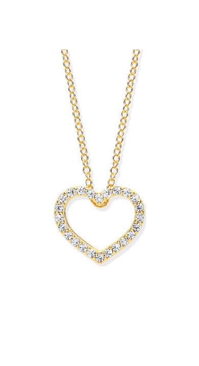 9ct Yellow Gold Cubic Zirconia Heart Pendant & Chain (Cn0597)
