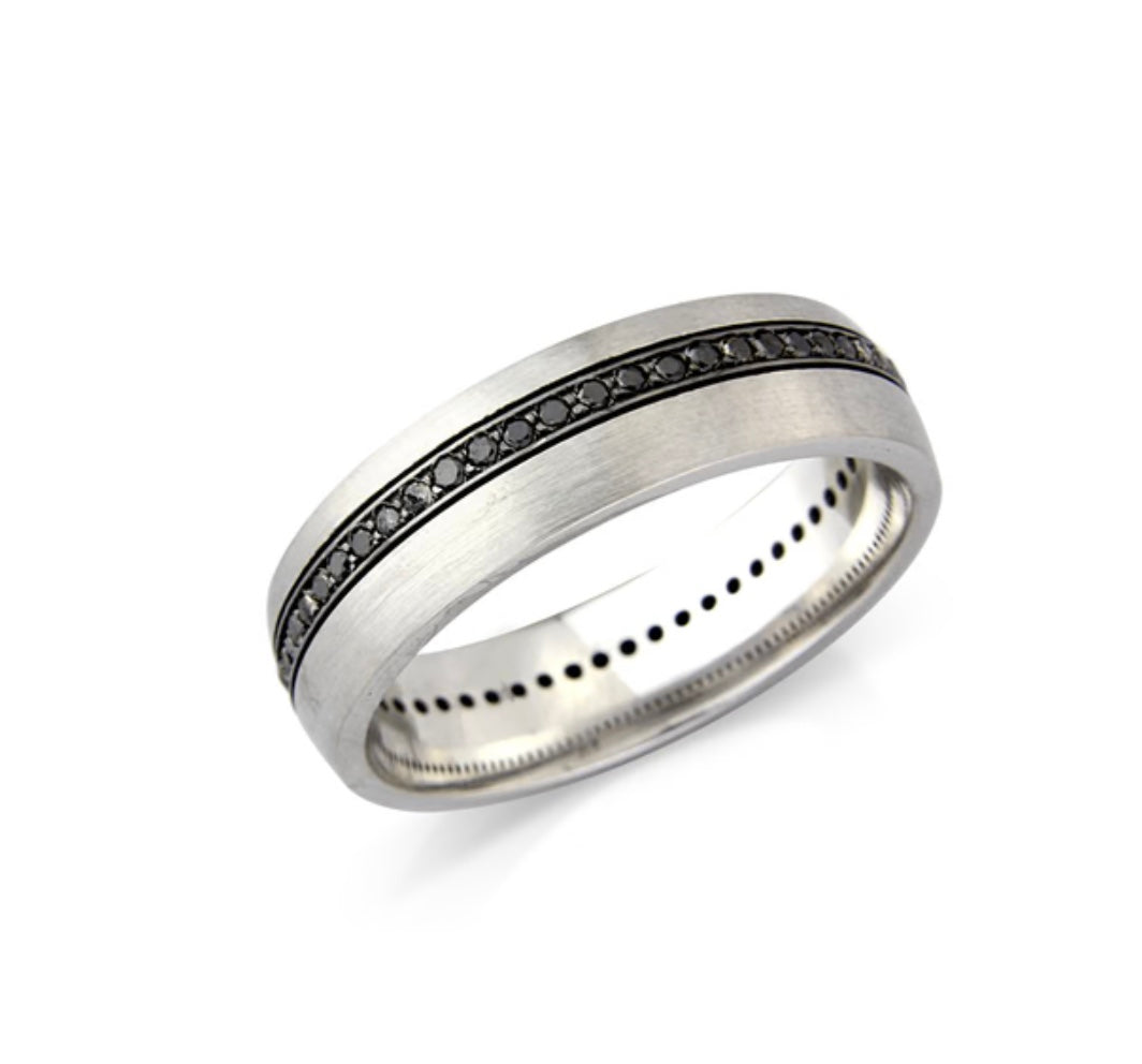 9ct White Gold Satin Finish 6mm Black Diamond Wedding Ring (Am5913)