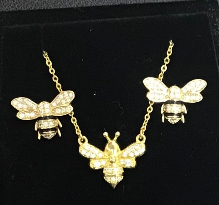 Silver Gold Plated Cubic Zirconia Bee Pendant, Chain & Stud Earrings