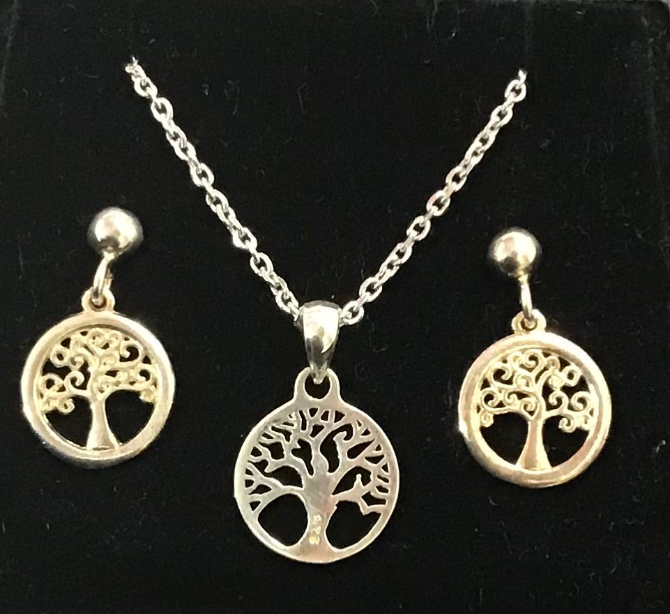 Silver Tree of Life Pendant, Chain & Stud Earrings