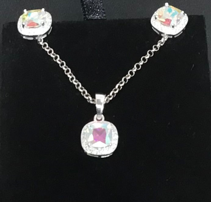 Silver Multi Colour Cubic Zirconia Pendant, Chain & Earrings