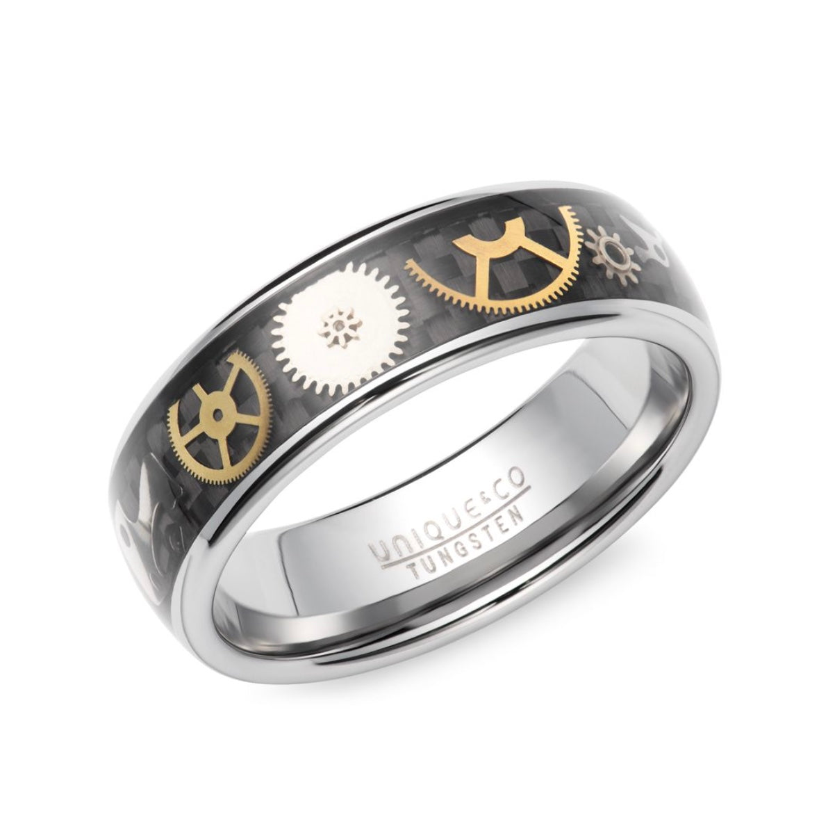 Tungsten 7mm Black Carbon Fibre with Gold IP Plating Wedding Ring (TUR 189)