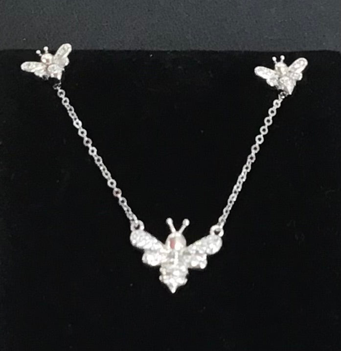 Silver Cubic Zirconia Bee Pendant, Chain & Stud Earrings