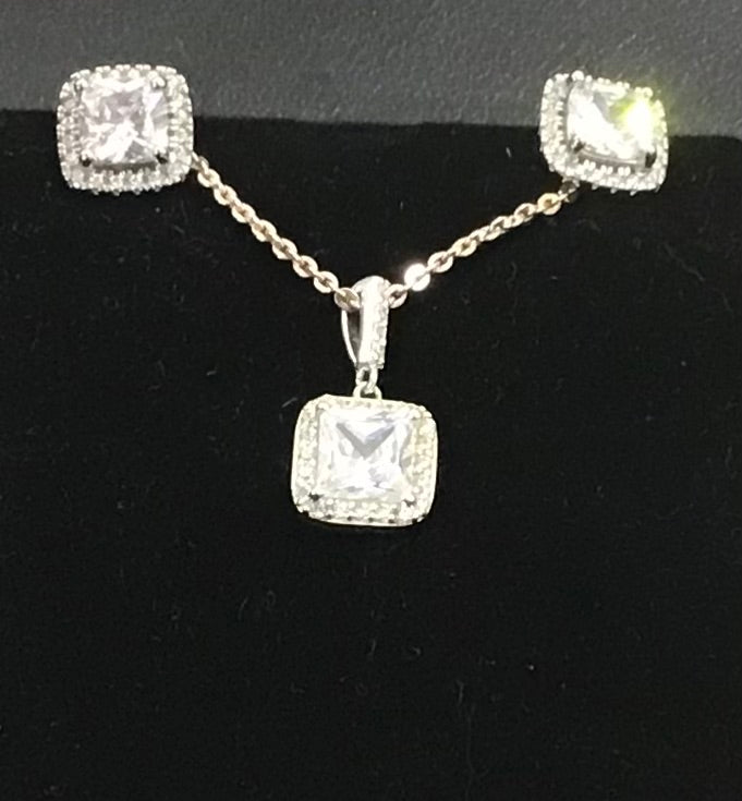 Silver Cubic Zirconia Cluster Pendant, Chain & Stud Earrings