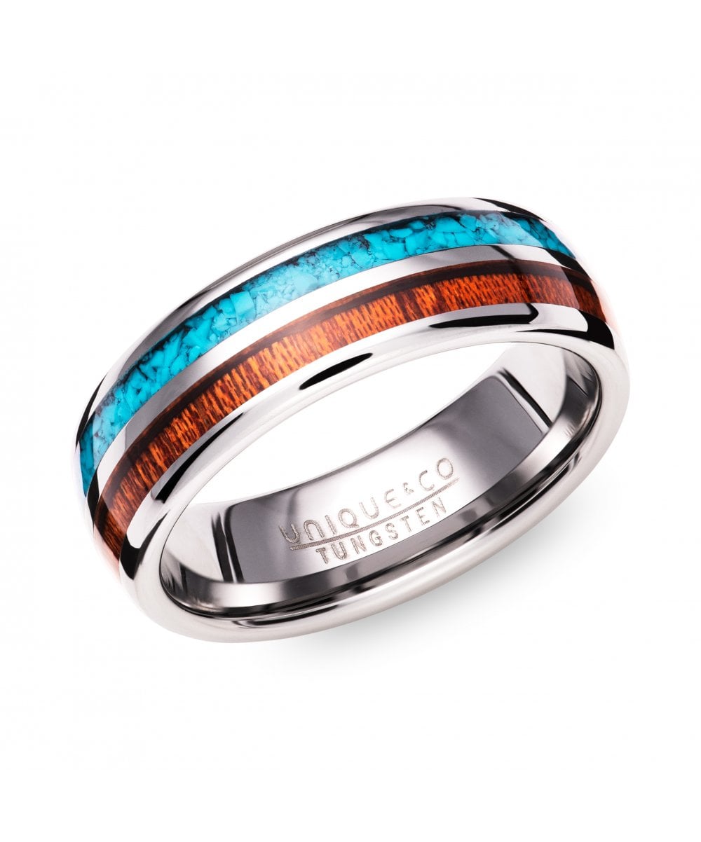 Tungsten 6mm Turquoise & Wood Gents Wedding Ring (Tur 147)