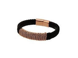 Black Leather & Rose Gold Colour Metal Gents Bracelet