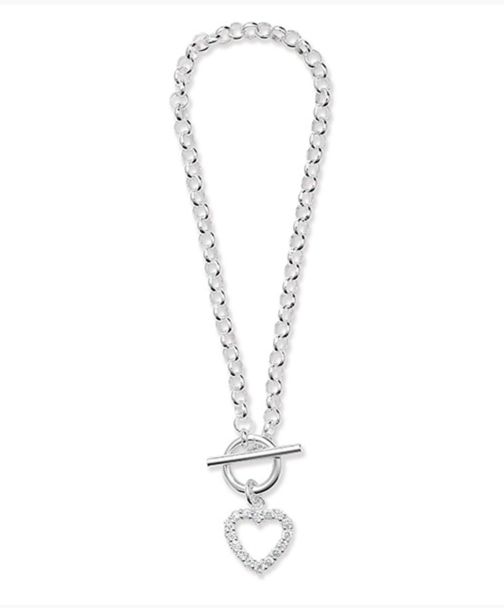 Silver Belcher T Bar Bracelet with C/Z Heart (Sbr044c)