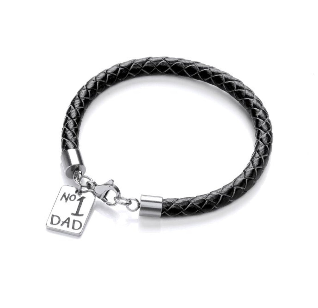 Black Leather Gents Bracelet & Tag Engraved Number 1Dad