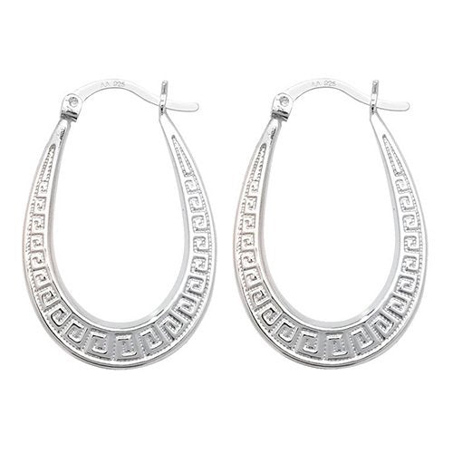 Silver Greek Key Oval Creole Earrings (G5893)