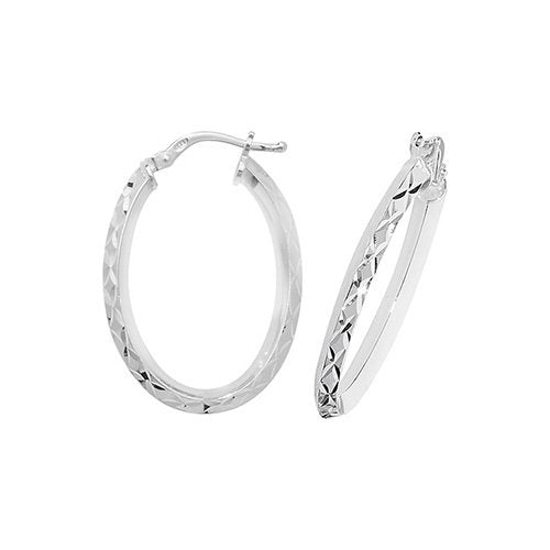 Silver Oval Engraved Creole Earrings (G51072-v3)