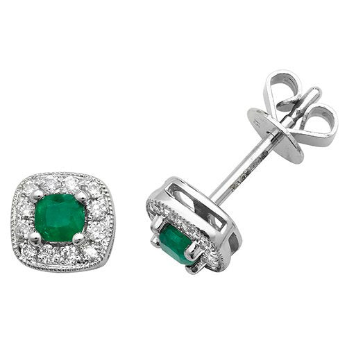 Emerald & Diamond Square Stud Earrings