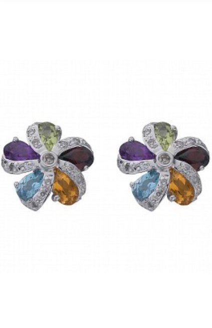 Multi Gemstone & Diamond Flower Stud Earrings