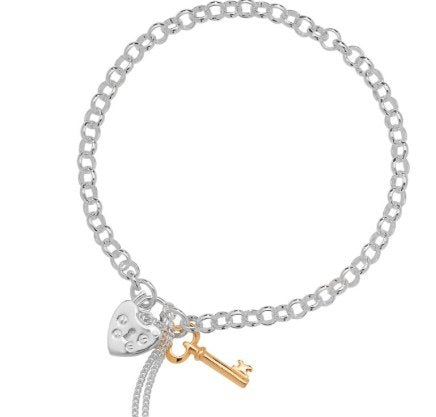 Silver Belcher Padlock & Key Charm Bracelet (Sbr169a)