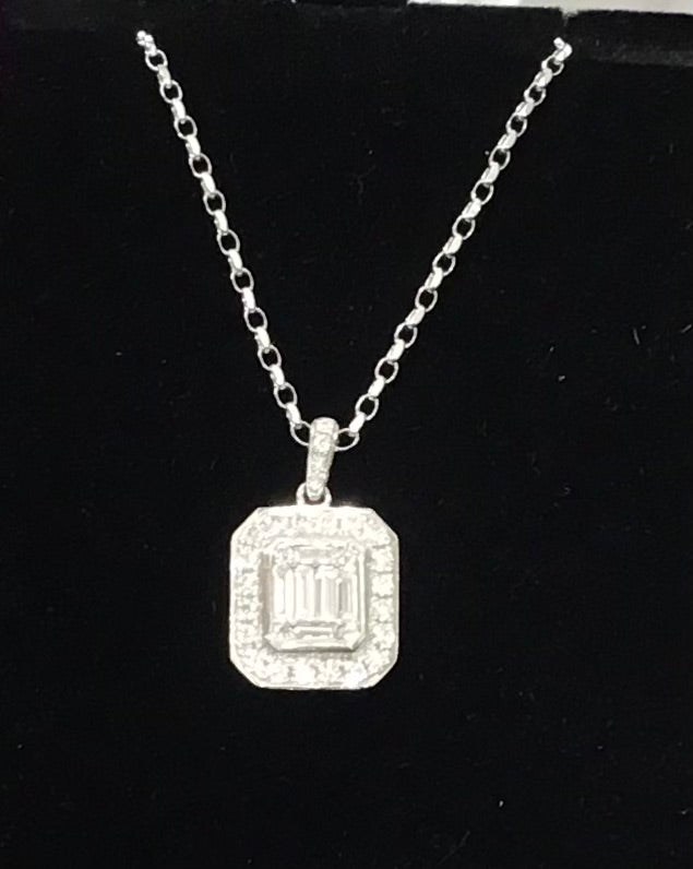 .76ct Brilliant & Baguette Cut Diamond Pendant on 9ct white gold diamond cut belcher chain