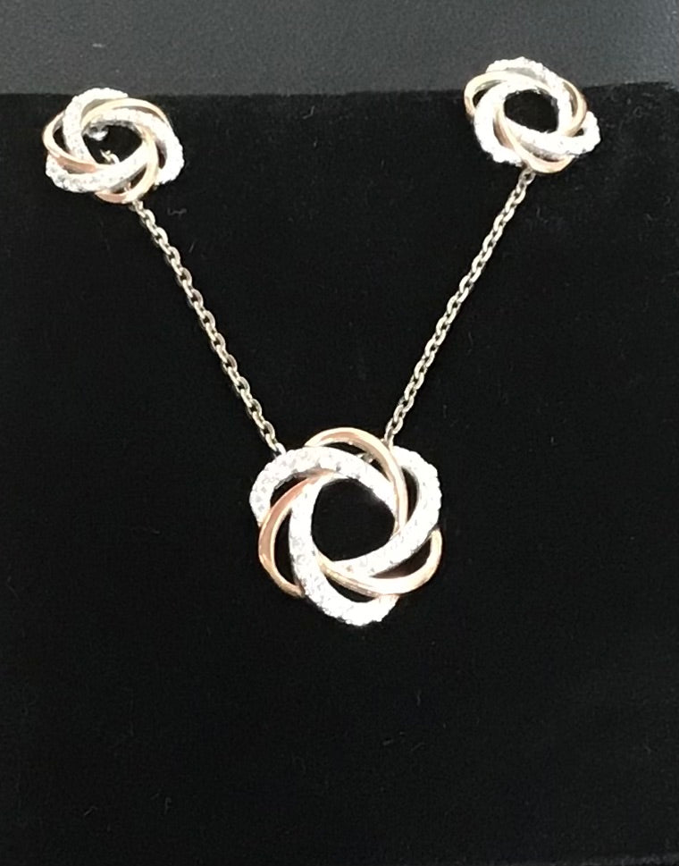 Silver Rose Gold Plated Cubic Zirconia Pendant, Chain & Earrings