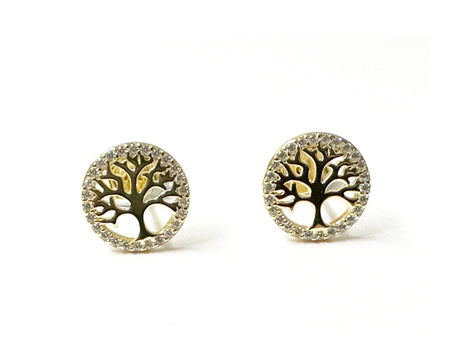 Silver Gold Plated Cubic Zirconia Tree of Life Stud Earrings (Erczyg0287)