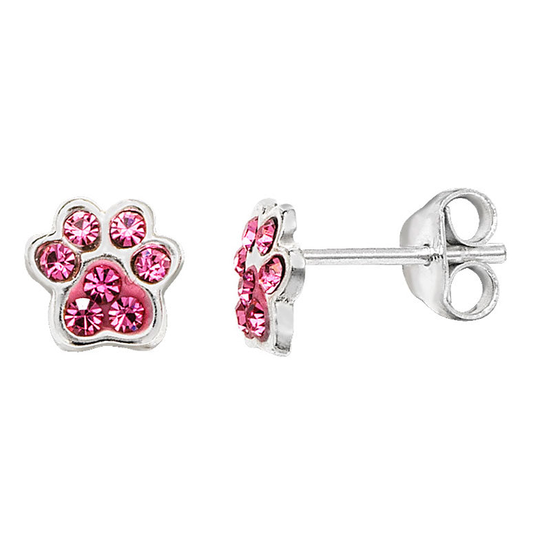 Silver Pink Cubic Zirconia Paw Print Stud Earrings (Se061b)