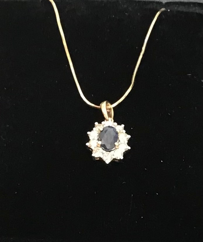 .39ct Brilliant Cut Diamond & Sapphire Gemstone Pendant on 9ct Yellow Gold Snake Chain (G34137)