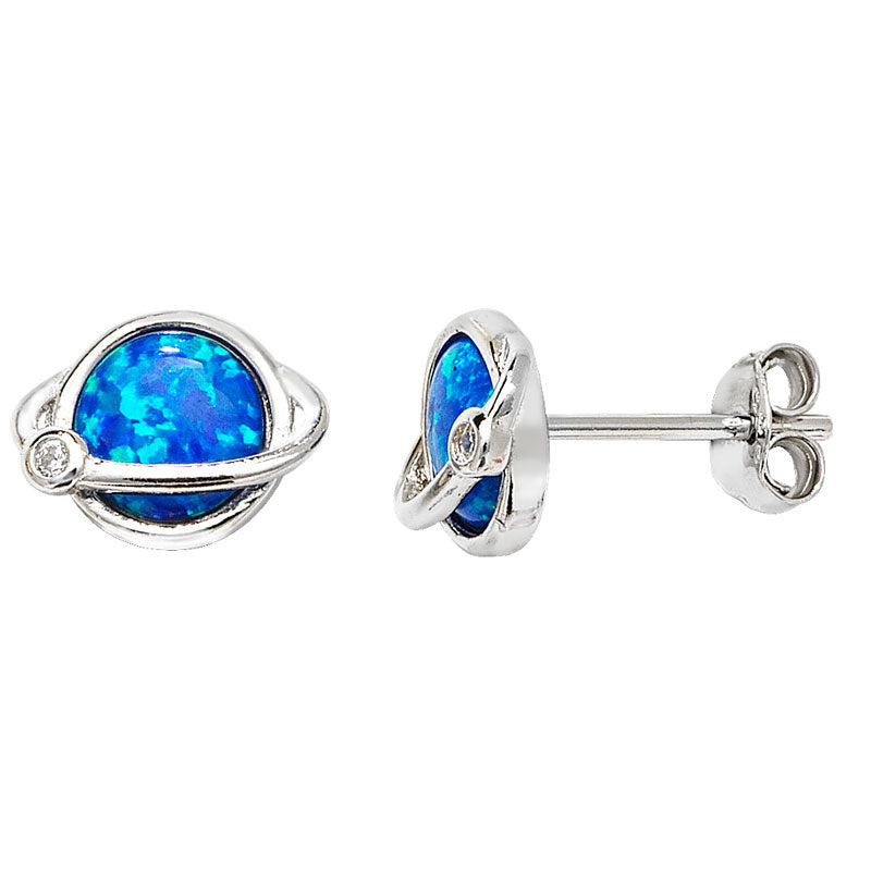 Silver Blue Opal Saturn Stud Earrings (Se423c)
