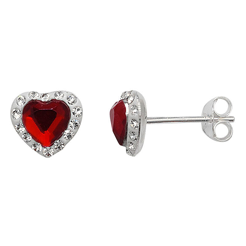 Silver Red Crystal Heart Stud Earrings (Se 331a)