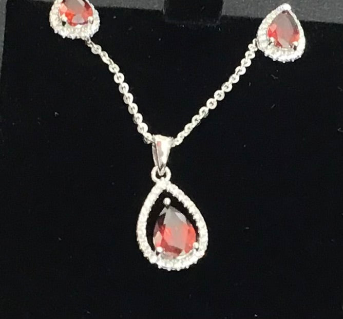 Silver Cubic Zirconia Garnet Pendant, Chain & Earrings