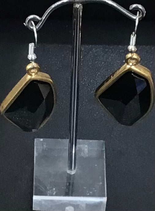 Danon Pewter Gold Plated Large Black Stone Drop Earrings