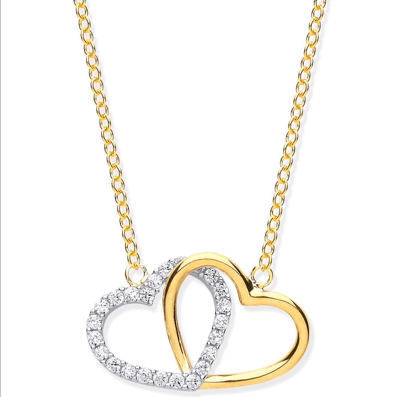 9ct Gold Cubic Zirconia Double Heart Pendant & 18‚Äù Chain