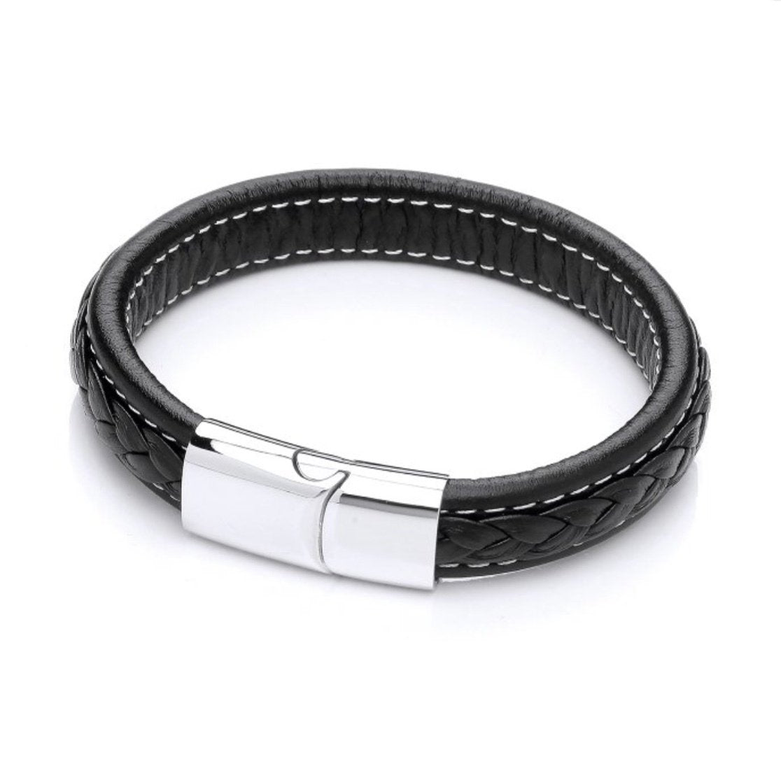 Black Leather Wide Gents Bracelet & Click Fastener
