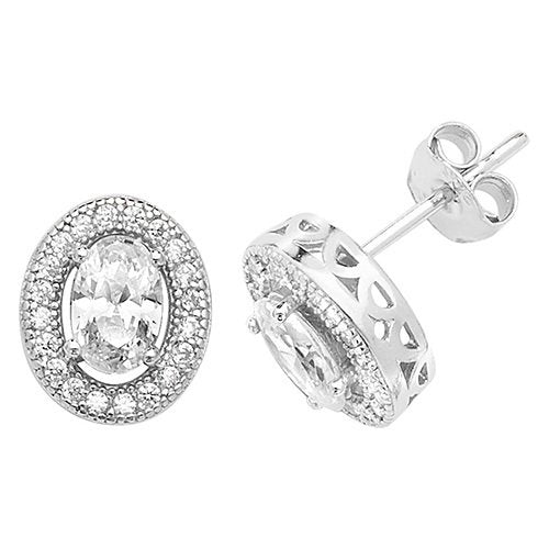 Silver Cubic Zirconia Oval Cluster Studs