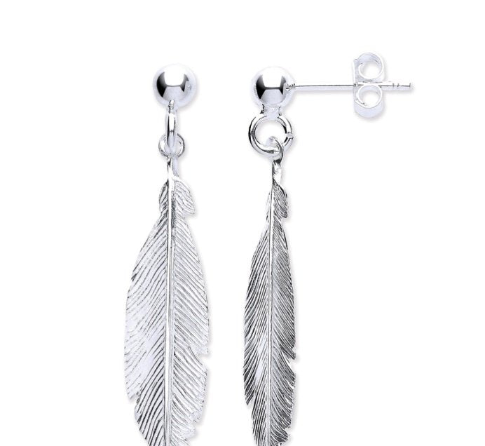Silver Feather Drop Earrings (Ser0498)