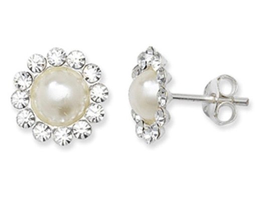 Silver Cubic Zirconia & Pearl Studs